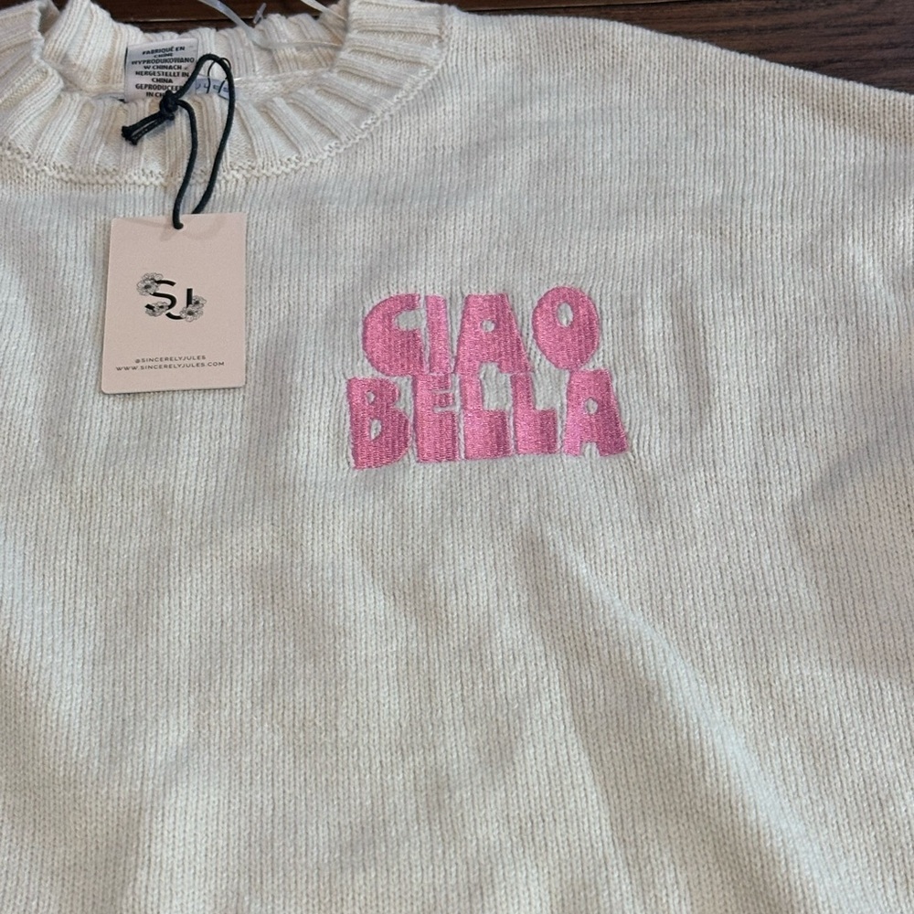 Sincerely Jules “Ciao Bella” Knit Sweater
Size Small New With Tags cream & pink